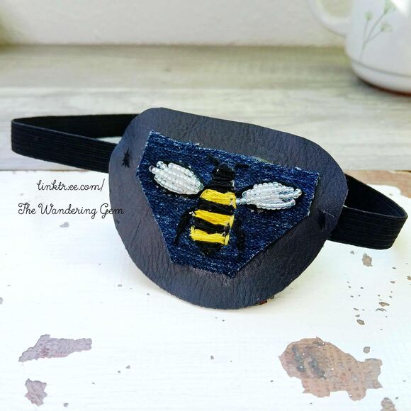 Hand Embroidered Bumble Bee Eye Patch, Vision Accessory, Ocular Aid, Costume - Picture 4 of 5